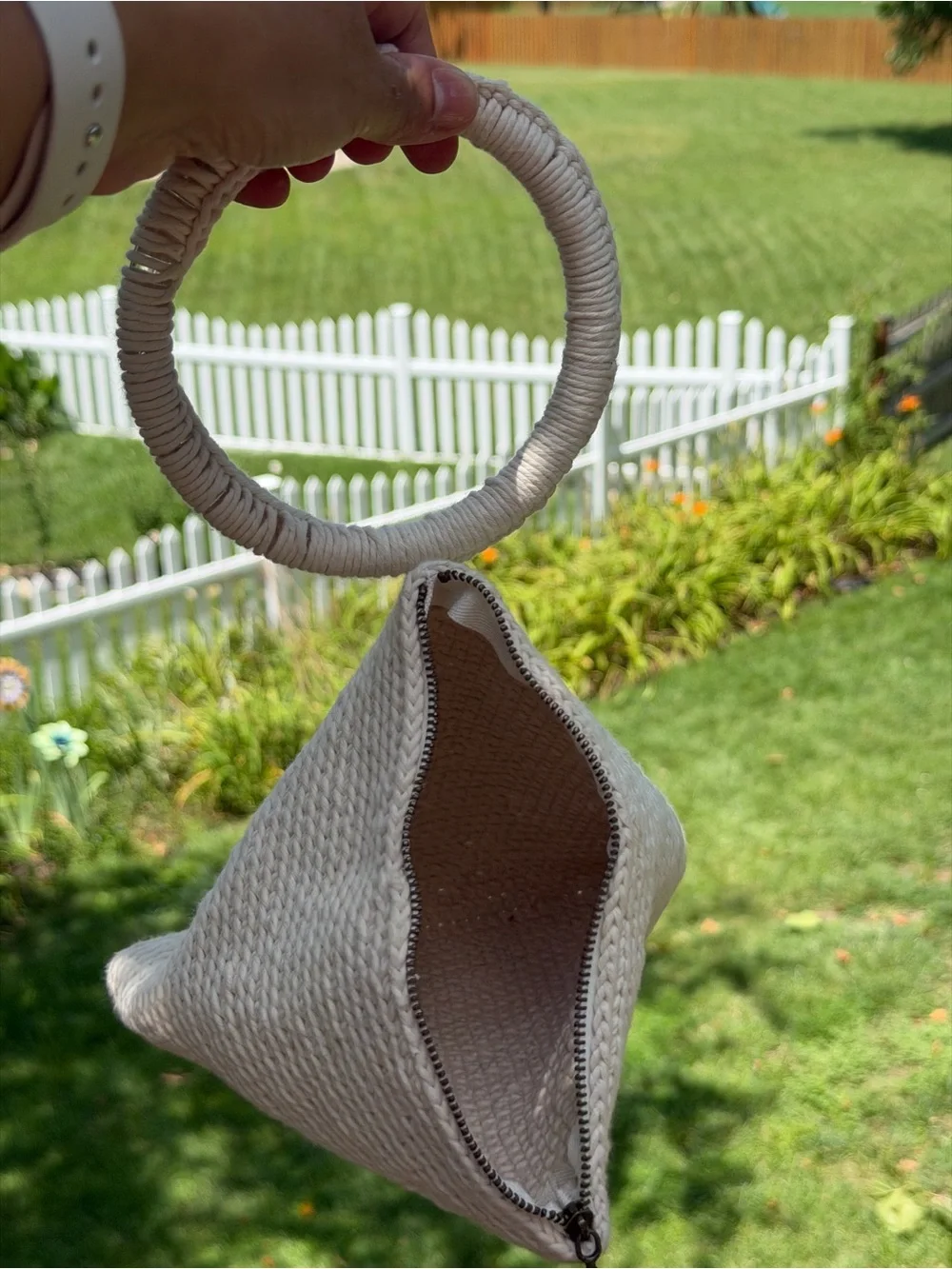 Hand Crafted Cream Woven Triangle Wristlet with Wrapped Ring Handle